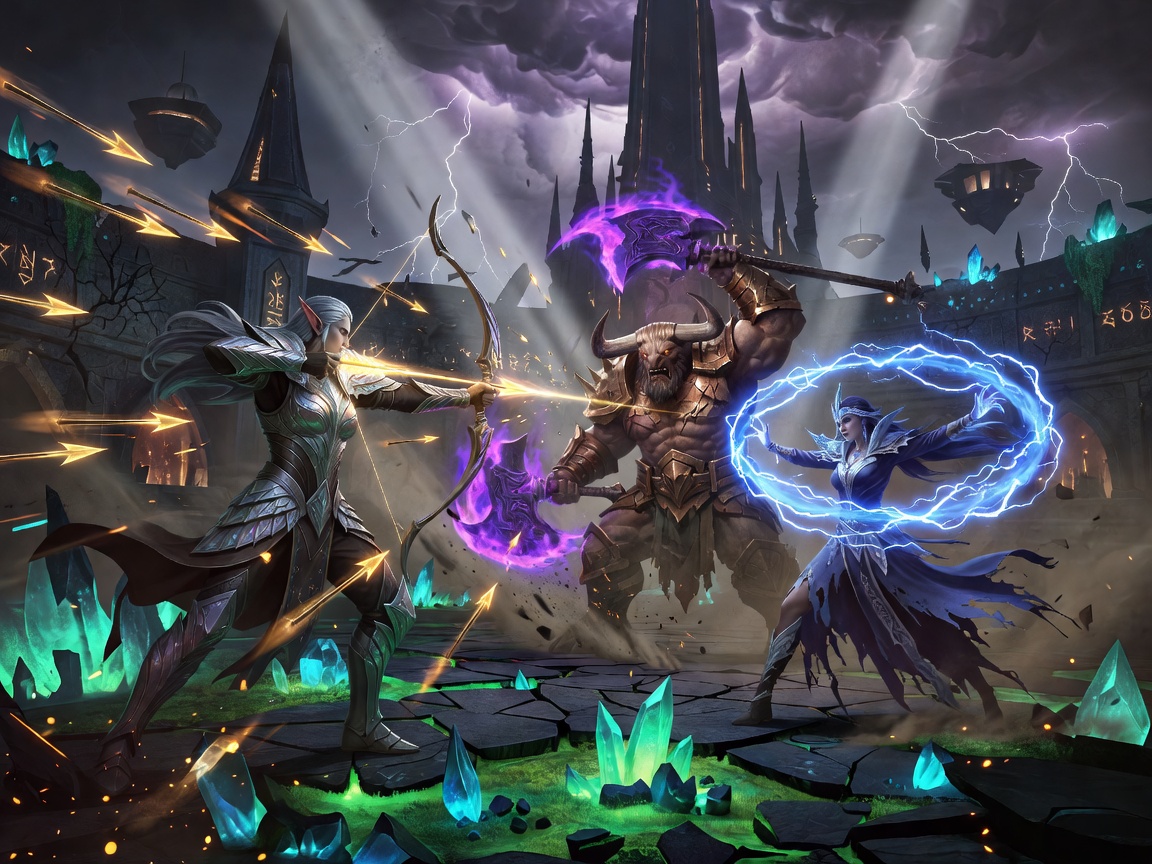gamedistrictatlx.beauty Arena Legends MOBA game showing vibrant fantasy heroes battling