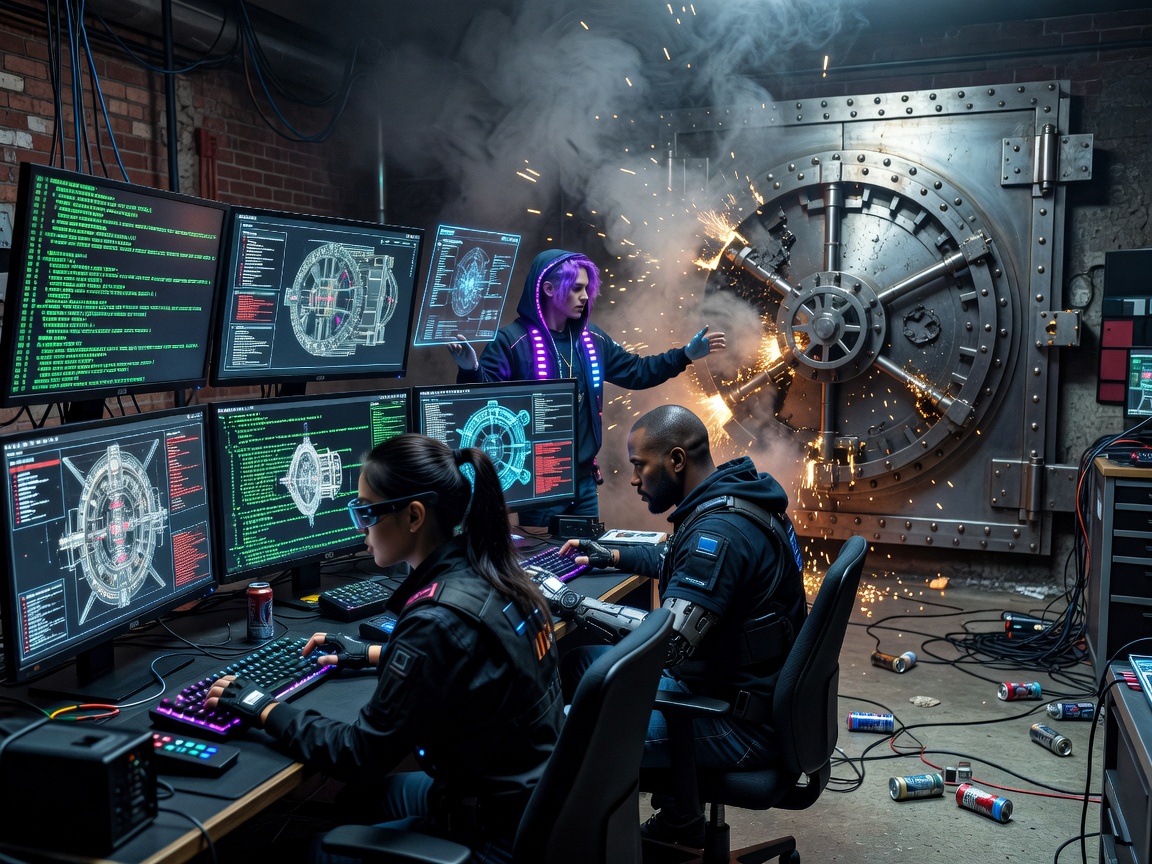 gamedistrictatlx.beauty Cyber Heist game showing a hacker setup and vault breach